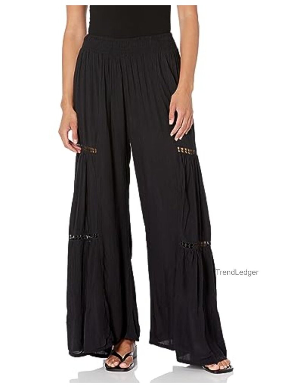 Wide Leg Pants with Lace Inserts High Rise Palazzo